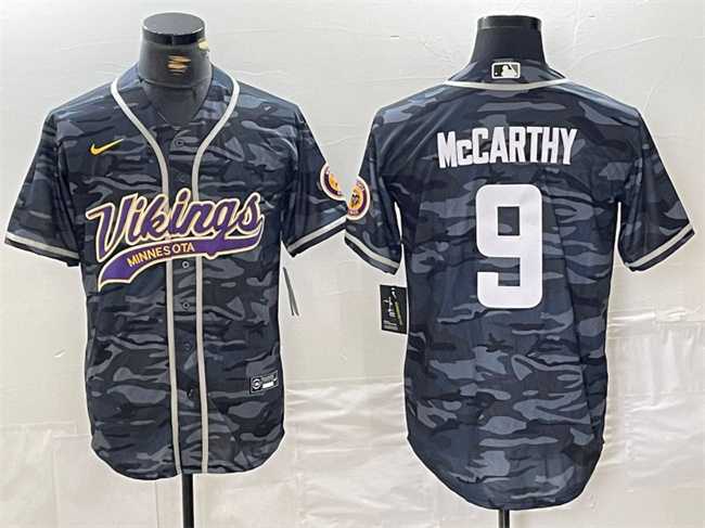 Mens Minnesota Vikings #9 J.J. McCarthy Gray Camo Cool Base Stitched Baseball Jersey